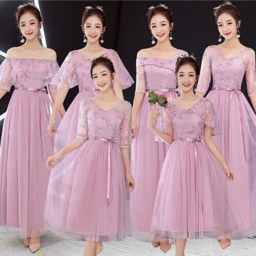 Summer A-line Ankle-length Floral Zipper Mesh Belt Pink Gray Simple Embroidery Elegant Adult Ceremony Bridesmaid Dresses 9948