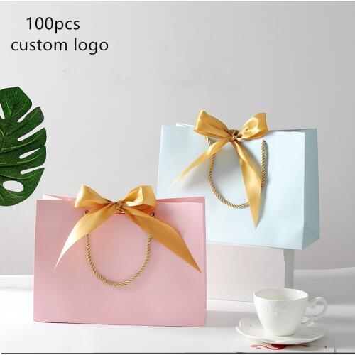 100pcs Customized logo gift bag Gold Present Box For Wedding Box Bags/Clothes Books Packaging Gold Handle Kraft Paper Gift Bag