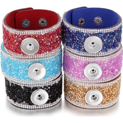 2020 New Crystal Leather Snap Button Bracelet Handmade Wide Leather Bracelet Fit 20mm 18mm Snap Buttons Jewelry Bracelets