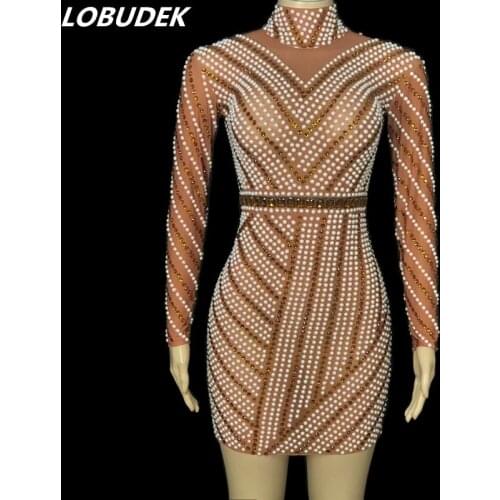 Tan Mesh Transparent Stretch Wrap Hip Short Dress Pear Rhinestones Irregular Stripes Long Sleeve Outfit Women Bar Singer Costume