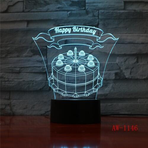 Happy Birthday Cake LED 3D Visual Lamp 7 Colors Changing Indoor Bedroom Night Light Acrylic Desk Lamp Love Present AW-1146