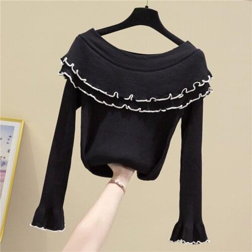 Womens Doll Collar Slim Fit Bottoming Sweater Spring and Autumn New Long Flare Sleeve Ruffled Knit Shirt Girls Ladies Jumper