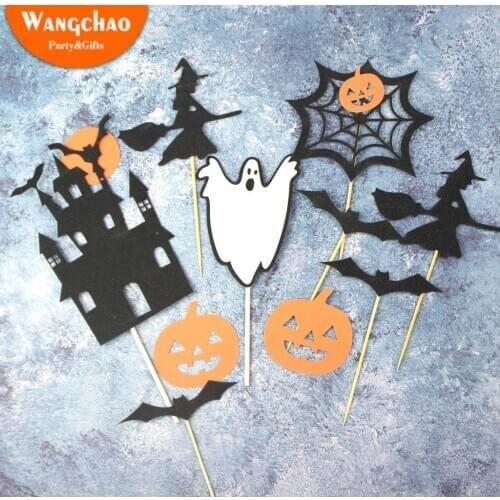Happy Halloween Cake Topper Pumpkin Ghost Bat Witch Ghost Castle Black Cat Horror Cupcake Toppers Halloween Party Baking Decor
