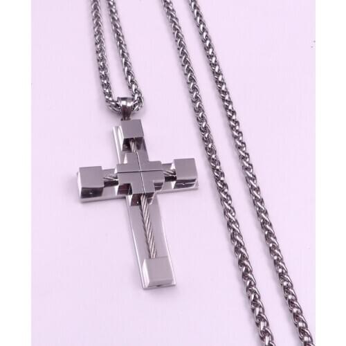 High Quality Stainless Steel Large Fashion Religious Cross Pendant Necklace + 4mm 24'' Wheat braid Chain For Men Gifts