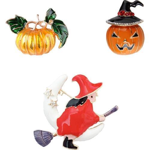 XEDZ Halloween Drop Oil Enamel Pumpkin Brooch Riding a Broom Flying Witch Magic Hat Pumpkin Ghost Mask Brooch Jewelry
