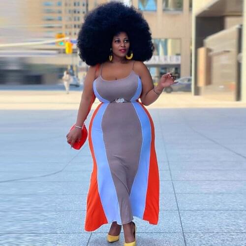 XL-4XL Plus Size Color Block Spliced Maxi Dress Women Spaghetti Strap Sleeveless Bandage Dress Summer Female Backless Vestidos