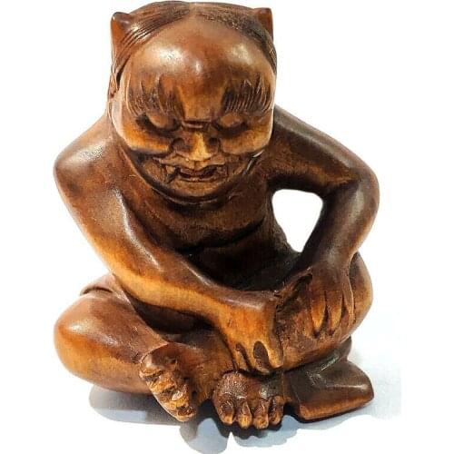 Y7511 - 2" Hand Carved Japanese Boxwood Netsuke Figurine Carving - Oni Man