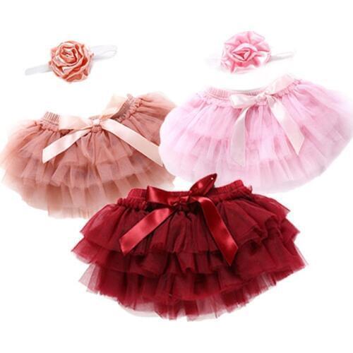 Newborn Baby Girls Boys Skirt Headband 2PCS Layer Ballet Dance Solid Lace Bowknot Tulle Skirt 3 Colors Outfit 0-24M