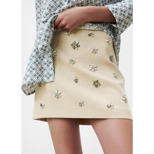 ZA short skirt summer new womens rhinestone linen blended skirt heavy handmade artificial jewelry inlaid A-line skirt