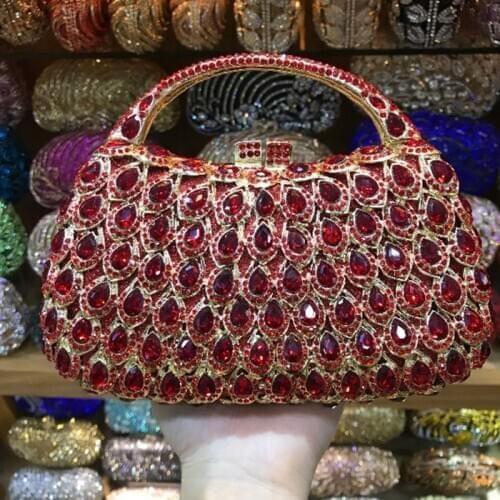 Female Wedding Party Hollow Out crystal Diamond handbag Women Evening Bags Box Minaudiere Handbags Ladies Crystal Clutch Bag red