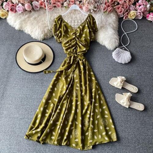 Bohemia Floral Print Beach Dress Women Sexy V Neck Backless Midi Long Dress Elegant Vestido 2021 Summer Short Sleeve Dresses
