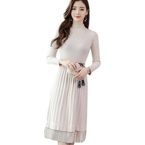 2021 Autumn Winter Lady New Plus Velvet Thick Elasticity Knitted Dress Women Half-high Collar With Over The Knee Dresses OK913
