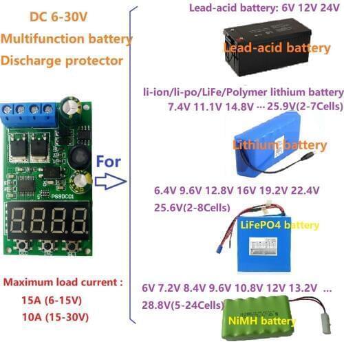 15A DC 6-30V Lead-acid NiMH LiFePO4 Li-ION Li-PO LiFe polymer lithium battery discharge protection board Module