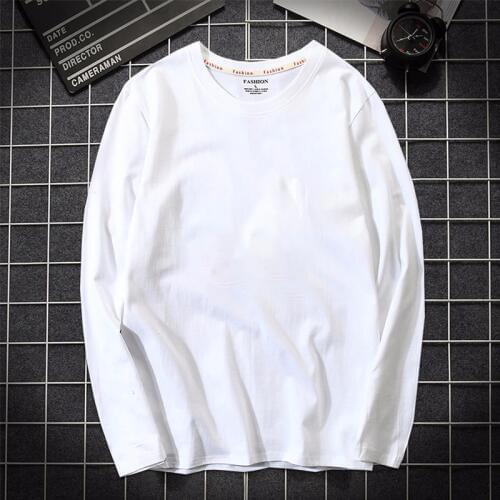 2019 Autumn Mens T shirt 100% Cotton Long Sleeve Slim T-shirt Male Pure color High-Quality casual tee shirt white Plus size 5XL