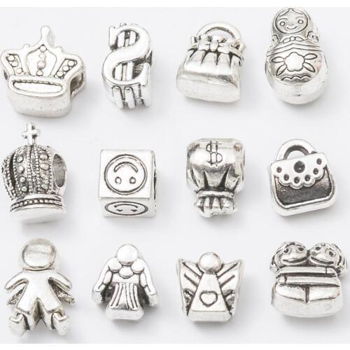 Mix 12Pcs/Lot Antique Silver Color DIY Zinc alloy Big Hole Spacer Bead Charm Fits Jewelry making Bracelet js1089