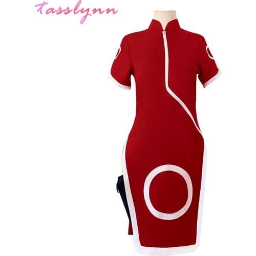 Japanese Anime Costume Haruno Sakura Cosplay Cheongsam for Girls Red Cheongsams Party Show Short Sleeves