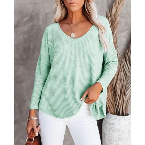 Women Autumn Spring Solid Tops Waffle V Neck Long Sleeve Casual Loose T Shirt Fall Black Grey Basic Femme Tshirts Tees Occident