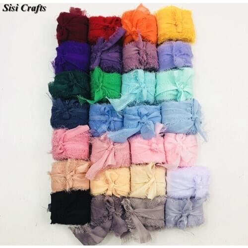 Sisi Crafts 4cm*6Yard Frayed Chiffon Ribbon Customized Edged Silk Trim DIY Wedding Invitation Vows Card Bouquet Sheer Decoration