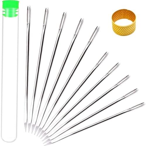 KAOBUY 12PCS Professional Leather Large-Eye Stitching Needles In Clear Storage Tube With Sewing Thimble For Leather sewing