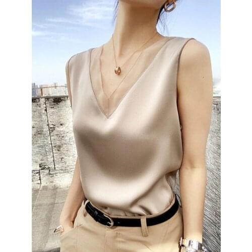 Summer Women Sexy Blouse Casual Elegant Plus Size Office Slim Chiffon Tops Female V Neck Sleeveless Slik Lace Blouse Shirt