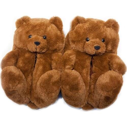 Hot Women Cartoon Teddy Bear Slippers Warm Furry Cotton Shoes Girls Funny Furry Soft Flip Flops Home Indoor Non-slip Slides