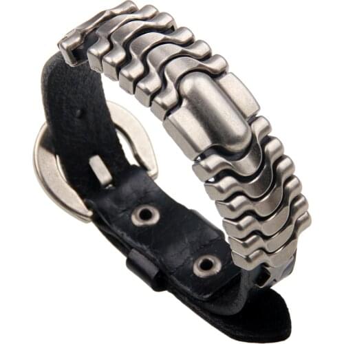 Fashion Sliver Metal Leather Bracelet for Man Trendy Adjustable Bracelets Bangles Black Brown Punk Rock Bangles Jewelry