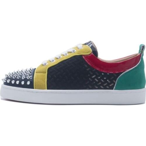 2020 Round Toe Sliver Blingbling Rivets Decor Men Shoes Leather Red Bottom Breathable Low Top Couple Shoe Black Patchwork Shoe