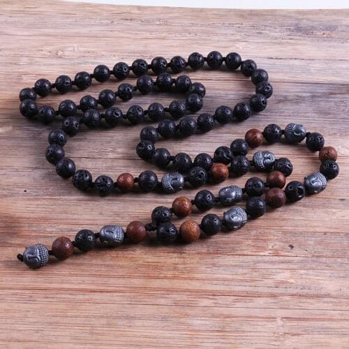 New handmade Mens Black Hematite Buddha & 8mm Lava Stones Beads Long Necklace Fashion Jewelry