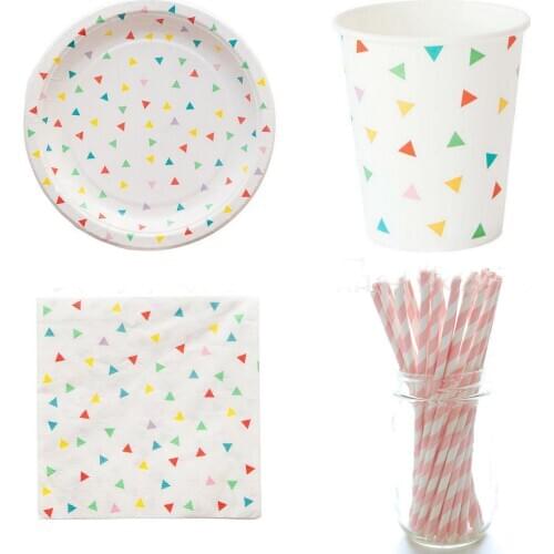 Colorful Triangle Party Disposable Tableware Set Paper Cups Plates Tableware Decor for Family Dinner Birthday Party Supplies