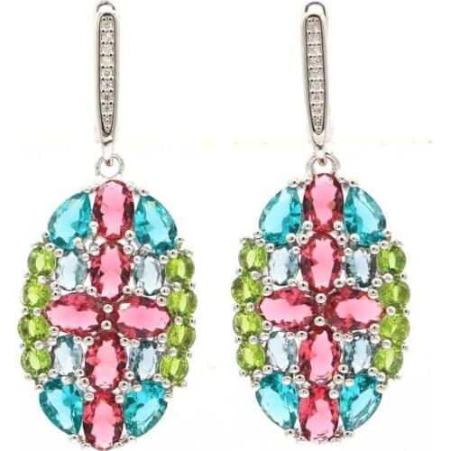 42x17mm Multi Color Jewelry Set 7.6g Garnet Aquamarine Peridot Tanzanite Women Wedding 925 Sterling Silver Pendant Earrings