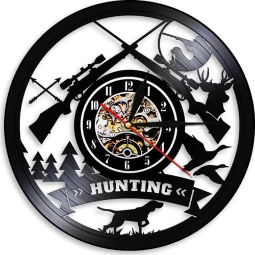 Animal Hunting Adventure Vinyl Record Wall Clock Wilderness Tribal Wall Decor Hunter Gift Hunting Logo Rifle Gun Sign Wall Clock