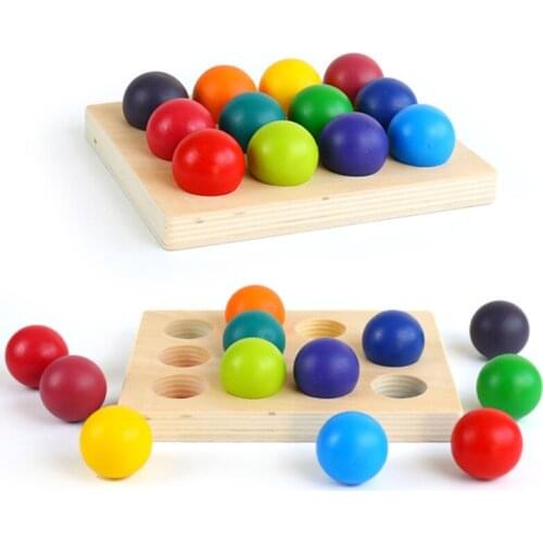 New Kids 12 Colors Rainbow Series Montessori Wooden Toys Color Sorting Wood Balls Rainbow & Pastel Sphere With Tray For Gifts