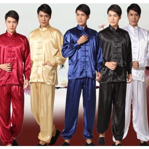 New Chinese Traditional Mens Satin Rayon Kung FuSuit Vintage Tai Chi Sets Wu Shu Uniform Long Sleeve Clothing S-XXL 011309