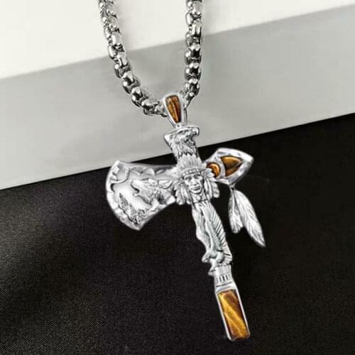 Punk Cross Necklace Viking Eagle Wolf Ax Indians Alloy Pendant Necklace Women Men Hip Pop Street Style