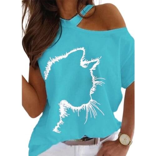 Casual Women T-shirt Fashion Plus Size O Neck Halter Cats Print Short Sleeve Loose Tee Tops Summer T-Shirt