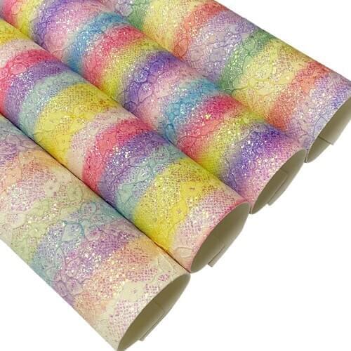 Rainbow Colorful Flower Lace Chunky Glitter Faux Leather Sheet Velvet Backing for Making Shoes/Bags/DIY Accessories