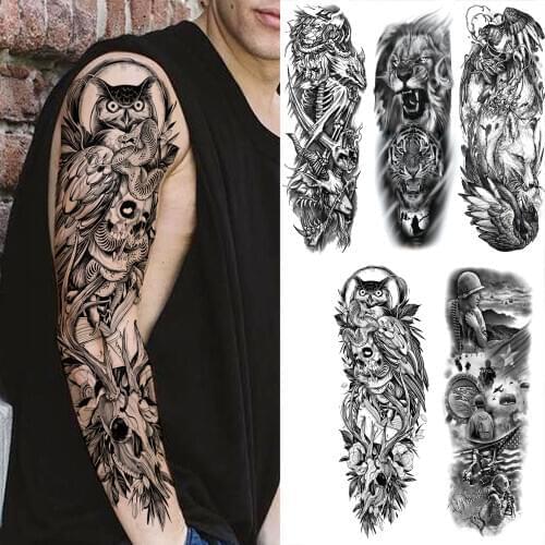 Realistic Owl Snake Skull Temporary Tattoos Sleeve For Men Adult Lion Tiger Wings Fake Tattoo Sticker Full Arm Waterproof Tatoos