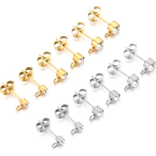 20pcs Stainless Steel Rhinestone Gold 3 4 5 Mm Round Ball Earring Post Stud with Loop Fit DIY Earring Jewelry Making Supplies
