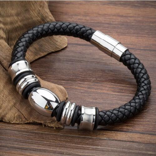 High Quality Fashion Handmade Genuine Leather Bracelet Trendy Classic Charm Brand Wrap Stainless Steel Bracelets Bangles