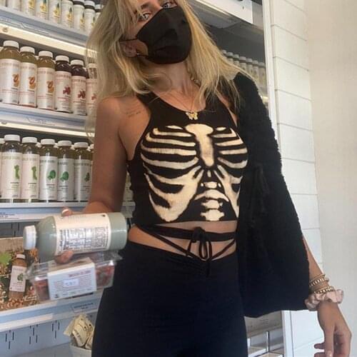 Y2k Pinted Knitted Crop Top Aesthetic Goth Black Corset Tank Top Women Harajuku Tee Vintage New 2021 Fashion Summer Streetwear