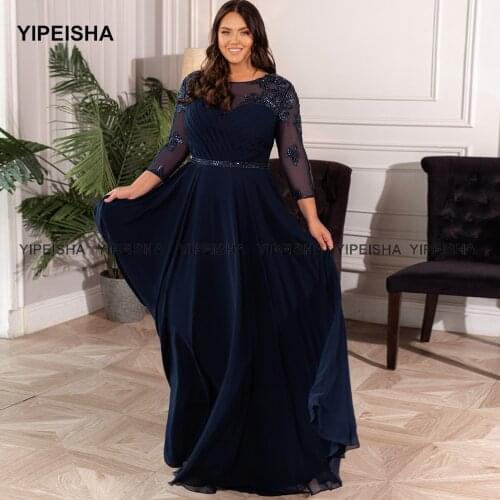 Yipeisha Plus Size Evening Dress with Sleeves Navy Blue Chiffon Formal Party Dresses Long Beaded Wedding Guest Gown Customized