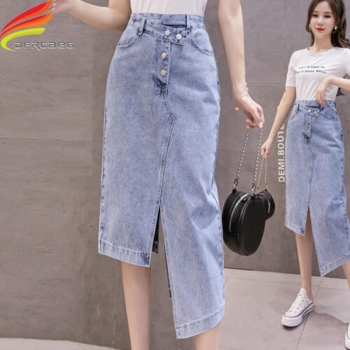 New 2020 Autumn Irregular Long Denim Skirts Womens Double Split Skirt High Waisted Korean Style Elegant Long Maxi Skirt Jean