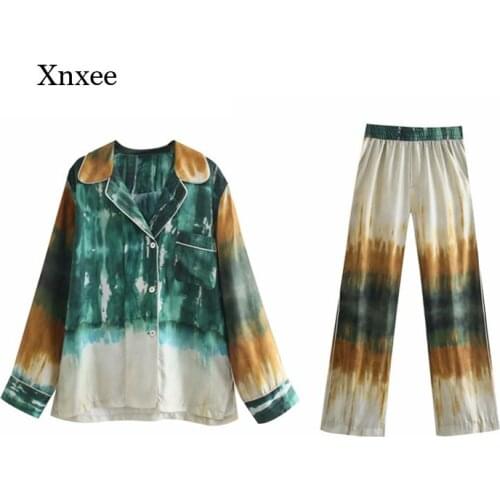 2021 Summer Plus Size Womens V-Neck Single-Breasted Blouse Suit Fashion Ladies Tie-Dye Pants Suit Ladies Chic Loose Suit