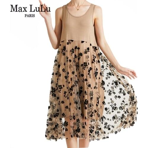 Max LuLu European 2021 Fashion Summer Dress Women Lace Chiffon Tank Dresses Lady Sleeveless Khaki Flowers Mesh Vestidos Big Size