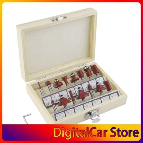 1/4(6.35mm) 15pcs Carbide Shank Wood Router Set Woodworking Cutter Trimming Knife Forming Milling Cutter Pack In Wood Case
