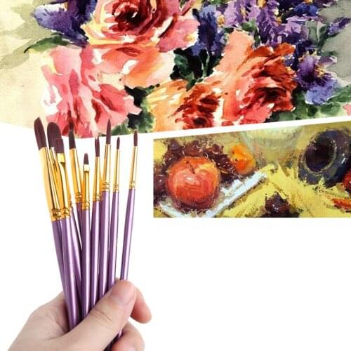 10Pcs Artist Paint Brush Set Nylon Hair Watercolor Acrylic Oil Painting Drawing K5DB