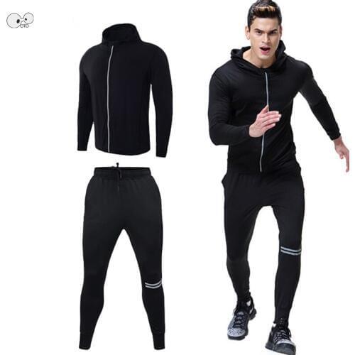 2pcs/set Mens Zipper Hooded Sweatshirt+Sweat Pants Running Set Autumn Winter Tracksuits Sports Suit Black Fitness Gym Sportswear