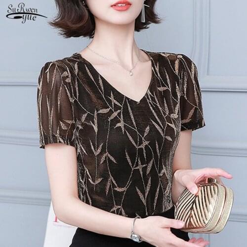 2021 Summer Gold Short Sleeve Elastic Print Women Shirts Casual Plus Size V Neck Blouse Womens Pullover Tops Blusas Mujer 10363