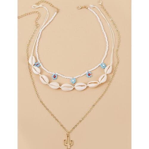 3 Pcs/Set Bohemian Natural Shell Necklaces Womens Fashion Handmade White Glass Beaded Flower Gold Cactus Pendant Necklace Gifts