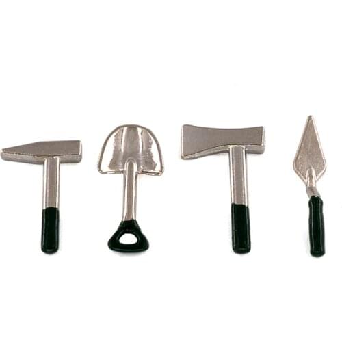 4Pcs 1/12 Doll House Miniature Mini Metal Tools Set Simulation Shovel Axe Spade Hammer Model Toy Mini Decor Dollhouse Acces